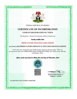 CAC Certificate of Incorporation for Prime Nature Wellness Care Limited, RC 7352974